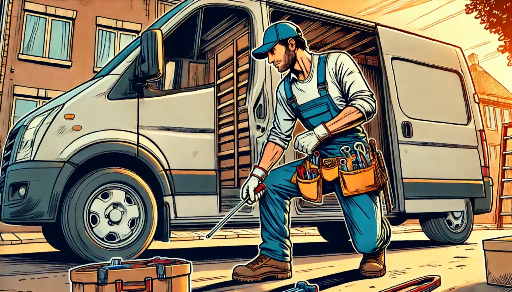 Illustrazione in stile fumetto di un artigiano al lavoro vicino al portellone scorrevole aperto del suo furgone, con attrezzi e materiali.