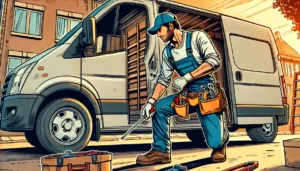 Illustrazione in stile fumetto di un artigiano al lavoro vicino al portellone scorrevole aperto del suo furgone, con attrezzi e materiali.