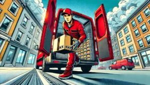 Corriere in tuta rossa preleva un pacco dal suo moderno furgone rosso con lucchetto di sicurezza, in un'illustrazione in stile fumetto.