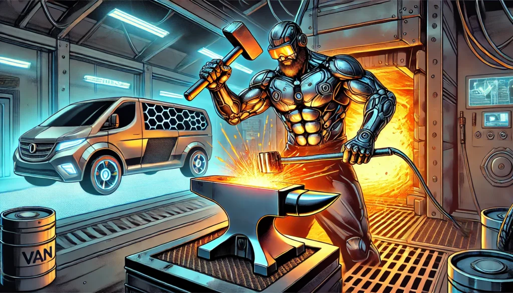 Illustrazione in stile fumetto di un fabbro futuristico muscoloso, con un esoscheletro high-tech, che forgia un lucchetto per furgoni in una fornace ultramoderna. Sullo sfondo, un furgone futuristico con luci al neon e porte blindate.