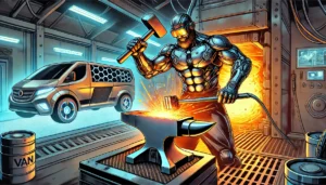 Illustrazione in stile fumetto di un fabbro futuristico muscoloso, con un esoscheletro high-tech, che forgia un lucchetto per furgoni in una fornace ultramoderna. Sullo sfondo, un furgone futuristico con luci al neon e porte blindate.