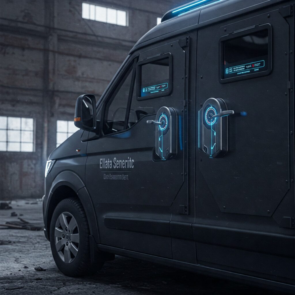 Furgone commerciale blindato del 2025 con porte rinforzate e serrature di sicurezza avanzate in acciaio inossidabile, cilindri antimanomissione e difensori rotanti.