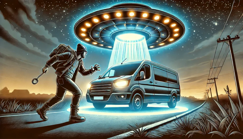 Illustrazione in stile fumetto di un UFO che protegge un furgone con un fascio di luce mentre un ladro fugge spaventato su una strada isolata di notte.