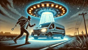 Illustrazione in stile fumetto di un UFO che protegge un furgone con un fascio di luce mentre un ladro fugge spaventato su una strada isolata di notte.